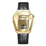 Gold HOURSLY watch with angular blue dial and gold mesh bracelet