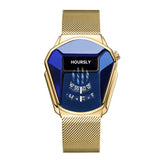 Front view of gold HOURSLY watch with angular blue dial and gold mesh bracelet