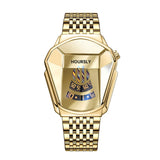 Gold HOURSLY watch with angular blue dial and gold steel link bracelet