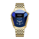 Gold HOURSLY watch with angular blue dial and gold steel link bracelet