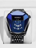 Black angular HOURSLY watch with blue dial on white background