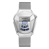 Silver angular HOURSLY watch with blue dial and silver mesh bracelet at an angle