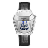Silver angular HOURSLY watch with blue dial and black leather strap