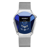 Silver HOURSLY watch with angular blue dial and silver mesh bracelet