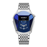 Silver HOURSLY watch with blue dial and polished steel link bracelet