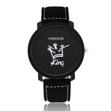 Black leather strap watch with black King crown design dial
