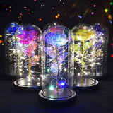 Three glass dome roses with LED fairy lights glowing in pink, blue and gold on wooden bases