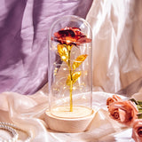 Multicolour foil rose in a lit glass dome with white pebbles and draped fabric