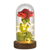 Pink galaxy rose in a lit glass dome styled with fabric and rose petals