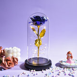 Purple galaxy foil rose under a glass dome with fairy lights and white pebbles