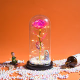 Red rose in a glass dome with LED fairy lights against an orange background