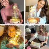 Collage of people receiving and holding lit glass dome roses as gifts