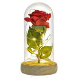Red rose with green leaves in a clear glass dome on a wooden base