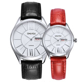 Silver case couple watches with white dial and black and red leather straps