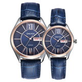 Rose gold case couple watches with navy blue dial and blue leather straps