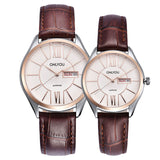 Rose gold case couple watches with white dial and brown leather straps